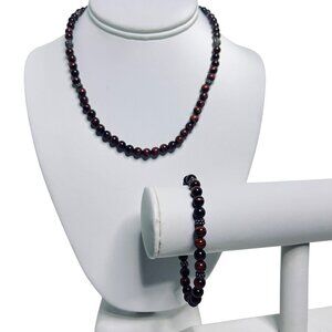 Sterling Silver & Brown Cats Eye Beaded Necklace 17" W/ Matching Bracelet (5921)